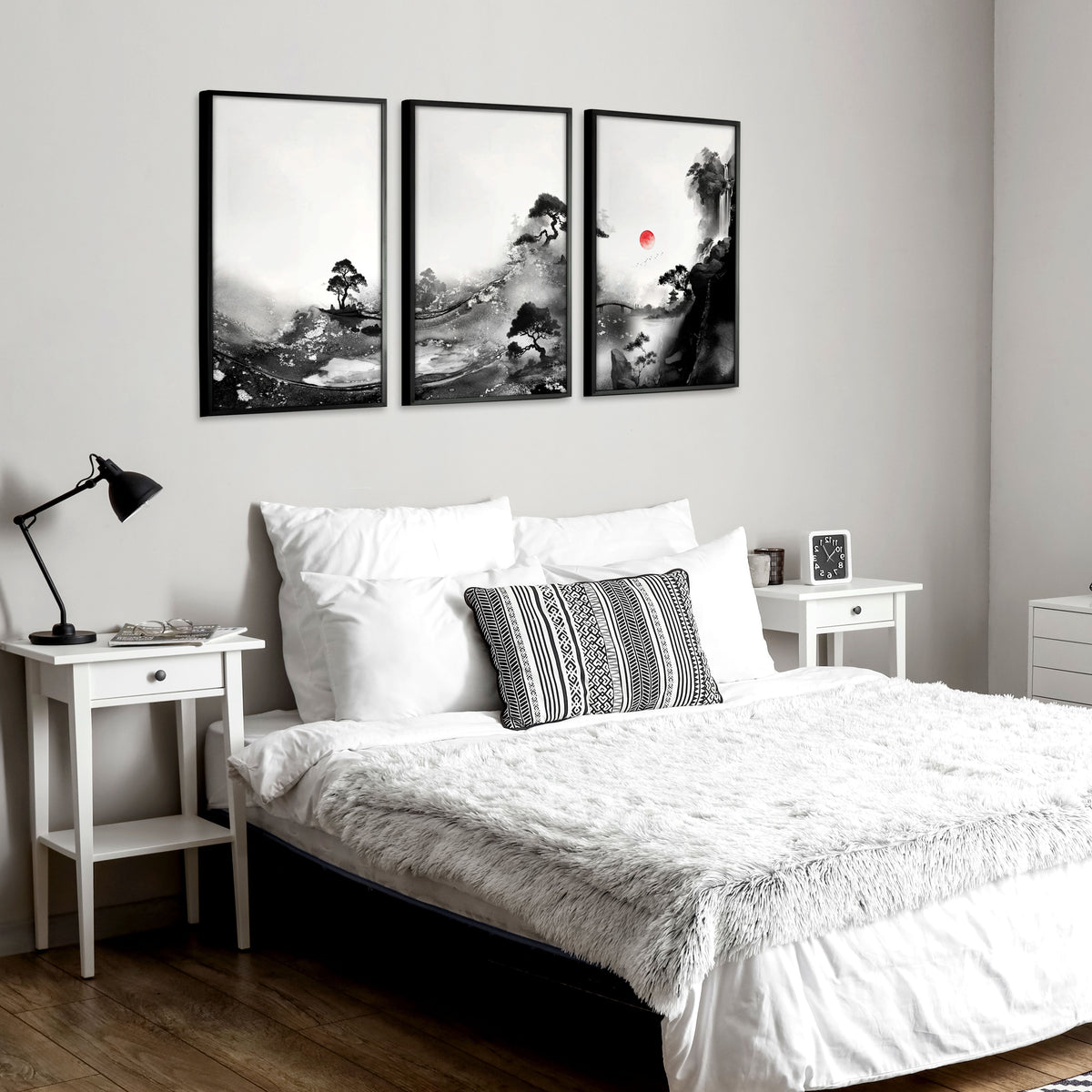 Landscape Artwork Japanese Ink Wash Black White & Red Sun wall art displayed on a wall in a styled room — view 7