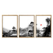 Landscape Artwork Japanese Ink Wash Black White & Red Sun wall art in an oak frame