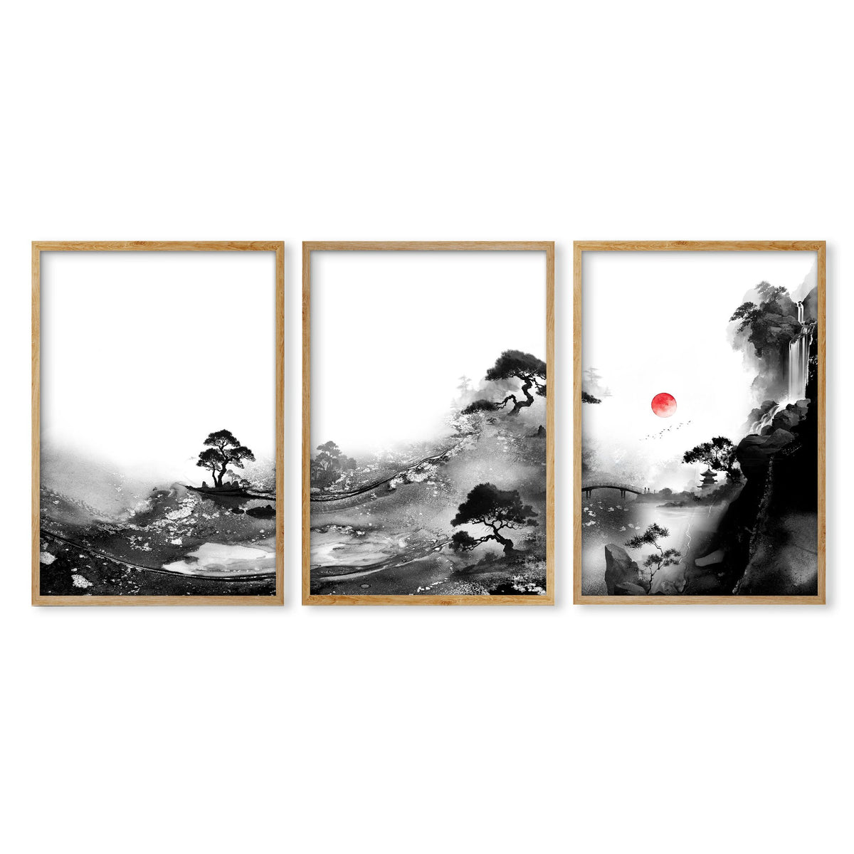 Landscape Artwork Japanese Ink Wash Black White & Red Sun wall art in an oak frame