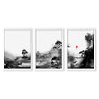 Landscape Artwork Japanese Ink Wash Black White & Red Sun wall art in a white frame