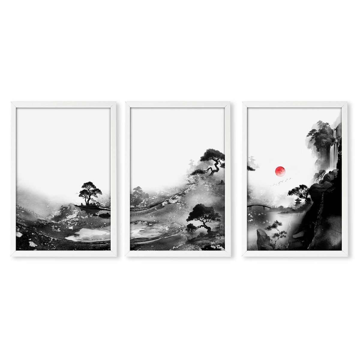 Landscape Artwork Japanese Ink Wash Black White & Red Sun wall art in a white frame