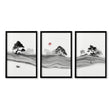 Japandi Landscape Artworks | Japanese Ink Grey Misty Trees & Red Moon in a black frame