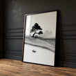 Japandi Landscape Artworks | Japanese Ink Grey Misty Trees & Red Moon — piece 1 of 3 in the set