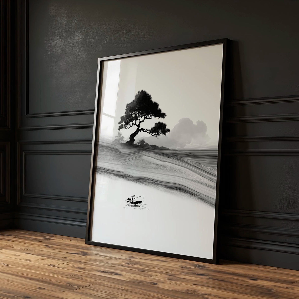 Japandi Landscape Artworks | Japanese Ink Grey Misty Trees & Red Moon — piece 1 of 3 in the set