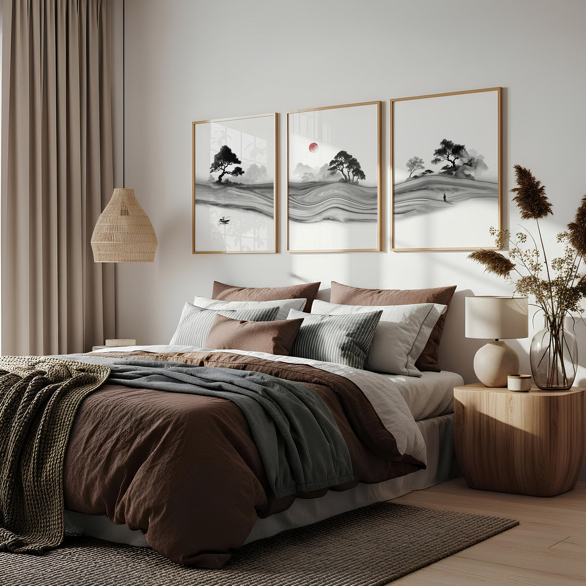 Japandi Landscape Artworks | Japanese Ink Grey Misty Trees & Red Moon displayed on a wall in a styled room