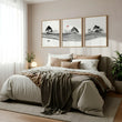 Japandi Landscape Artworks | Japanese Ink Grey Misty Trees & Red Moon displayed on a wall in a styled room — view 2