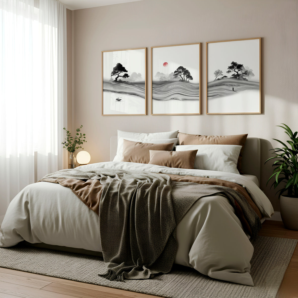 Japandi Landscape Artworks | Japanese Ink Grey Misty Trees & Red Moon displayed on a wall in a styled room — view 2