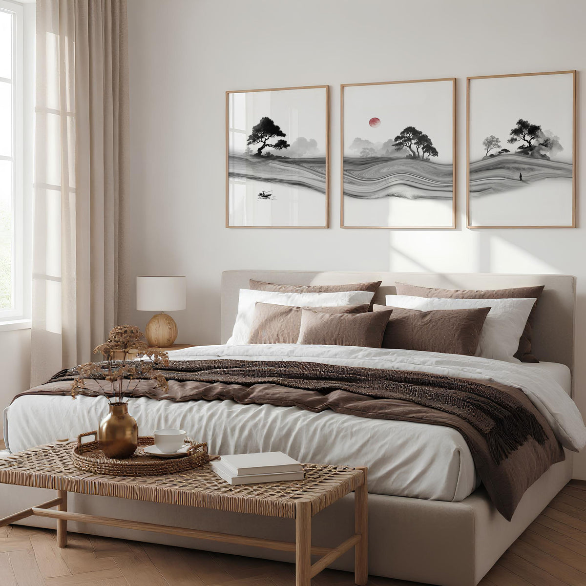 Japandi Landscape Artworks | Japanese Ink Grey Misty Trees & Red Moon displayed on a wall in a styled room — view 3