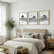 Japandi Landscape Artworks | Japanese Ink Grey Misty Trees & Red Moon displayed on a wall in a styled room — view 5