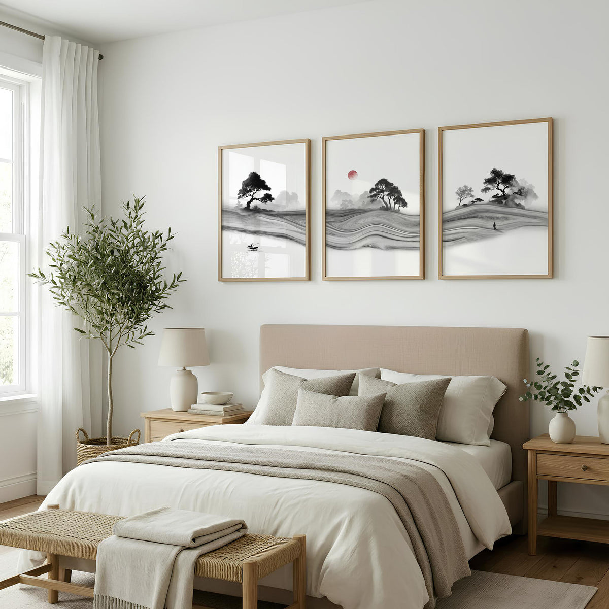 Japandi Landscape Artworks | Japanese Ink Grey Misty Trees & Red Moon displayed on a wall in a styled room — view 5