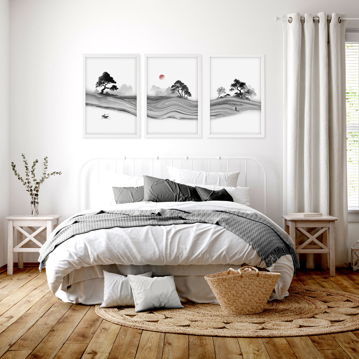 Japandi Landscape Artworks | Japanese Ink Grey Misty Trees & Red Moon displayed on a wall in a styled room — view 6