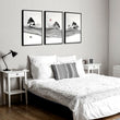 Japandi Landscape Artworks | Japanese Ink Grey Misty Trees & Red Moon displayed on a wall in a styled room — view 7
