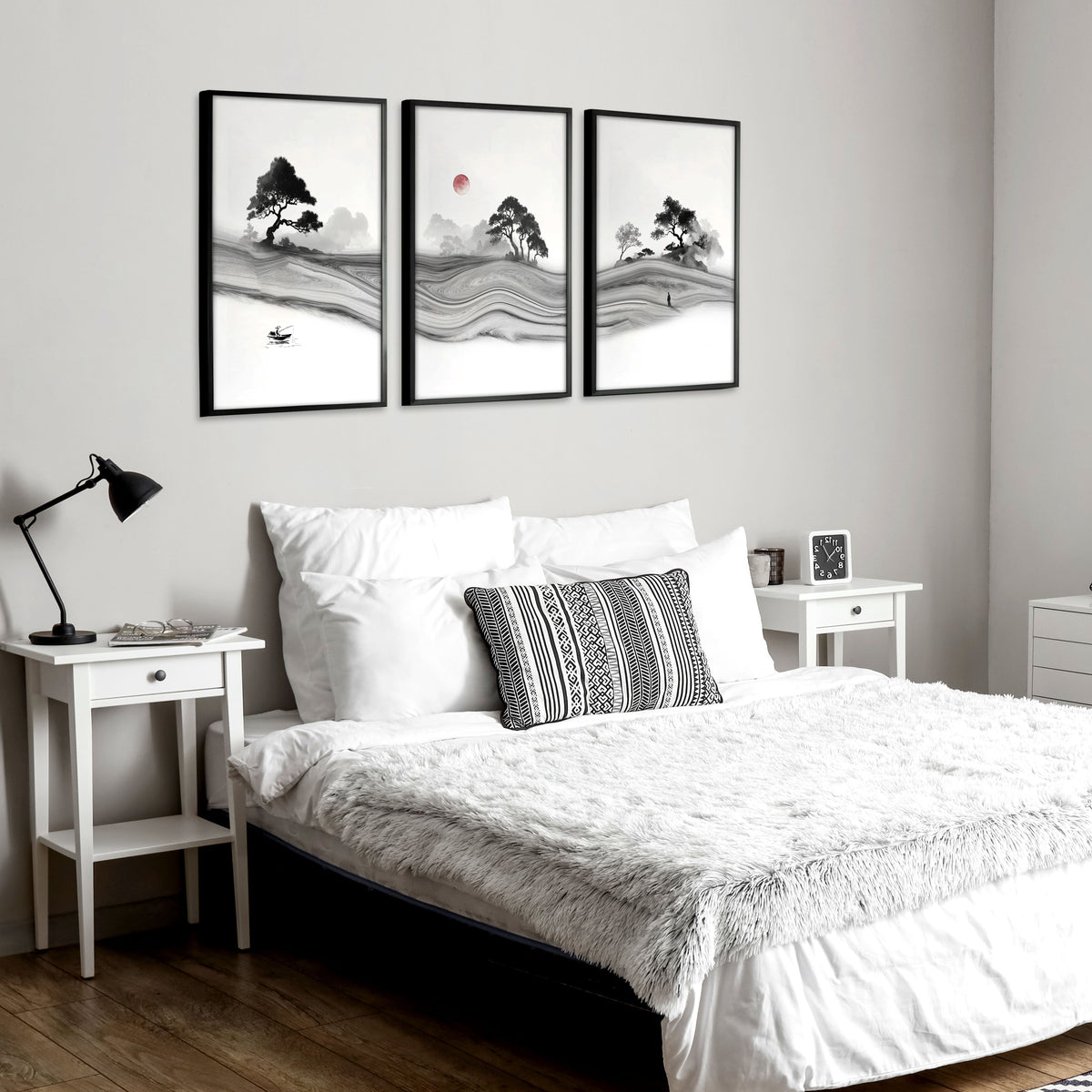 Japandi Landscape Artworks | Japanese Ink Grey Misty Trees & Red Moon displayed on a wall in a styled room — view 7