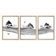 Japandi Landscape Artworks | Japanese Ink Grey Misty Trees & Red Moon in an oak frame