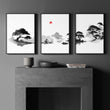 Landscape Picture Frame Japanese Ink Wash Zen Bonsai & Red Sun wall art displayed on a wall in a styled room