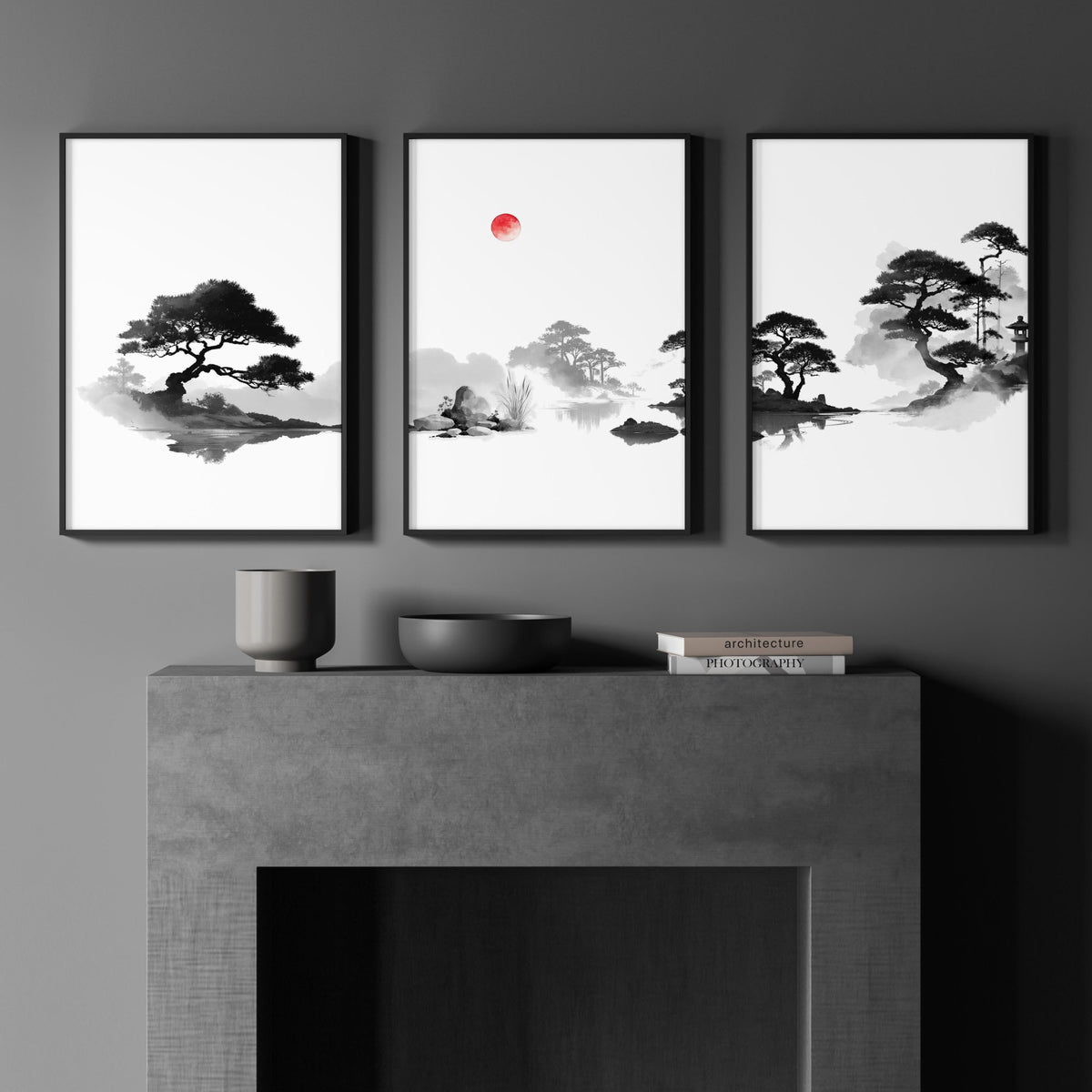 Landscape Picture Frame Japanese Ink Wash Zen Bonsai & Red Sun wall art displayed on a wall in a styled room