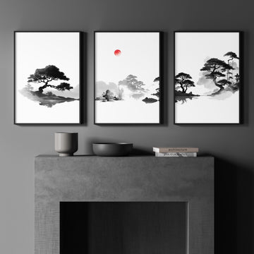 Landscape Picture Frame Japanese Ink Wash Zen Bonsai & Red Sun wall art displayed on a wall in a styled room