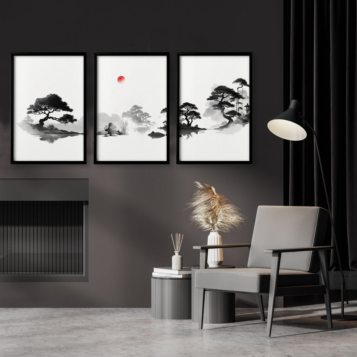 Landscape Picture Frame Japanese Ink Wash Zen Bonsai & Red Sun wall art displayed on a wall in a styled room — view 3
