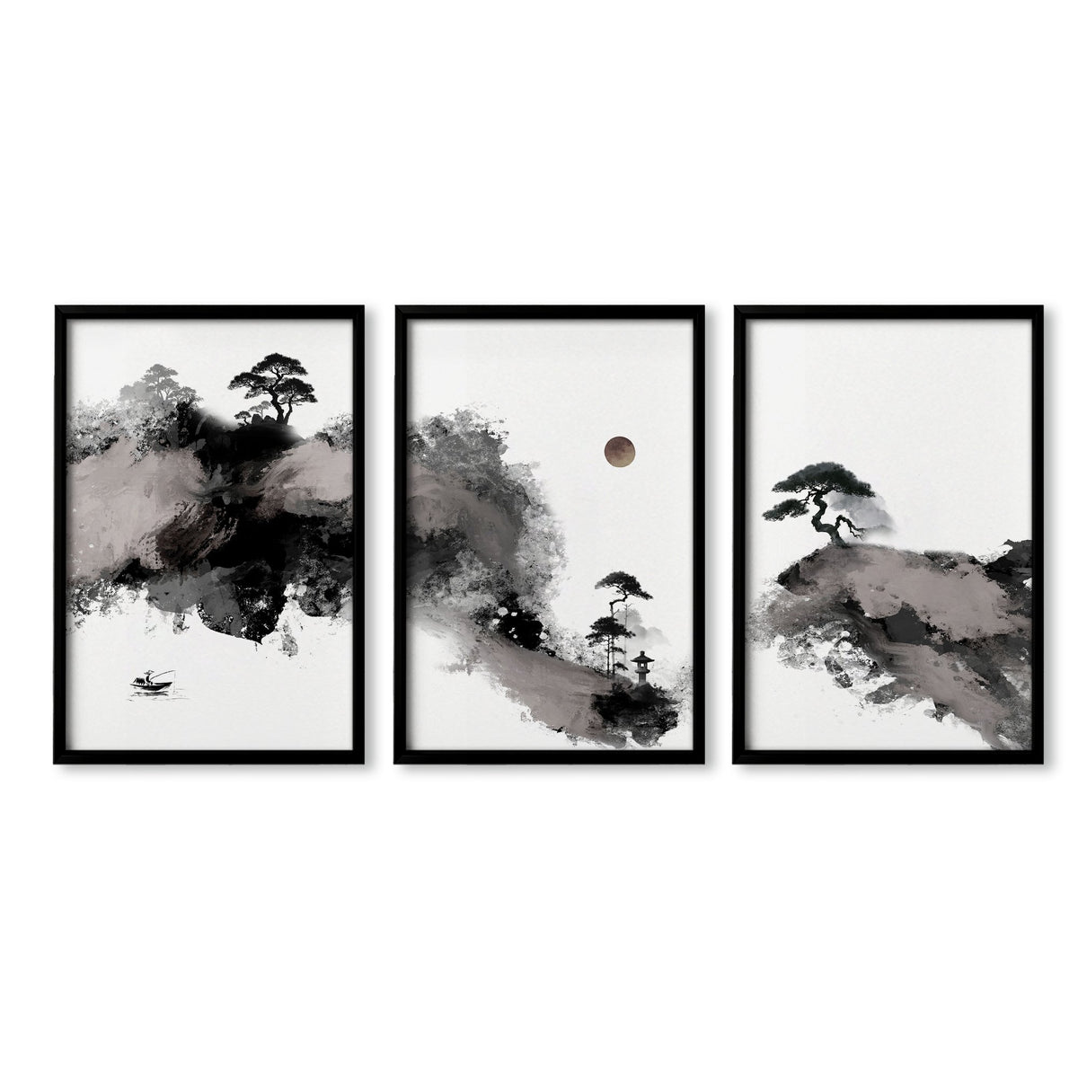Landscape wall art Japanese Ink Wash Art | Black White Maroon Moon & Pine Trees in a black frame