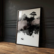Landscape wall art Japanese Ink Wash Art | Black White Maroon Moon & Pine Trees — piece 1 of 3 in the set