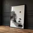 Landscape wall art Japanese Ink Wash Art | Black White Maroon Moon & Pine Trees — piece 2 of 3 in the set