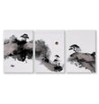 Landscape Print Japanese Ink Wash Art | Black White Maroon Moon & Pine Trees | Set of 3