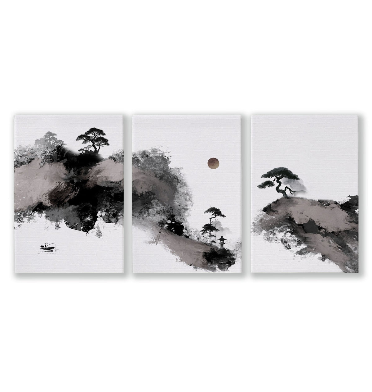 Landscape Print Japanese Ink Wash Art | Black White Maroon Moon & Pine Trees | Set of 3