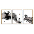 Landscape Print Japanese Ink Wash Art | Black White Maroon Moon & Pine Trees | Set of 3