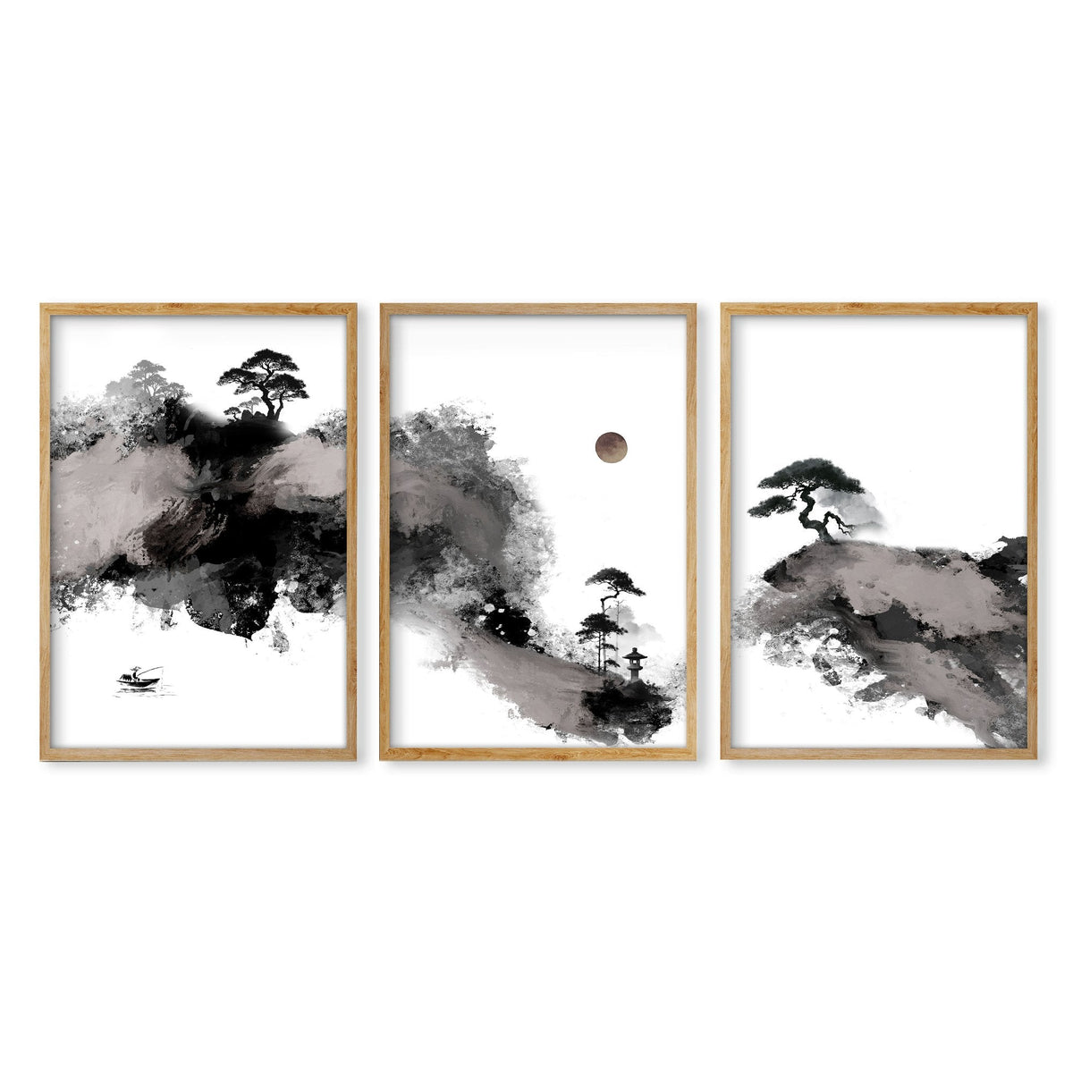 Landscape Print Japanese Ink Wash Art | Black White Maroon Moon & Pine Trees | Set of 3
