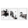 Landscape Print Japanese Ink Wash Art | Black White Maroon Moon & Pine Trees | Set of 3