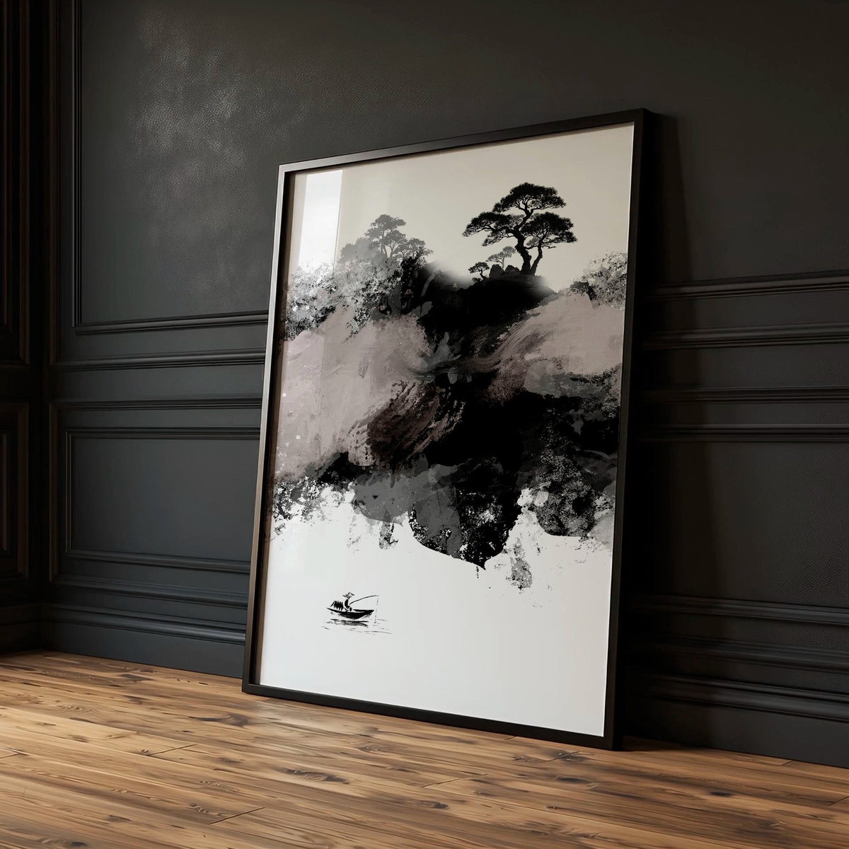Landscape Print Japanese Ink Wash Art | Black White Maroon Moon & Pine Trees | Set of 3