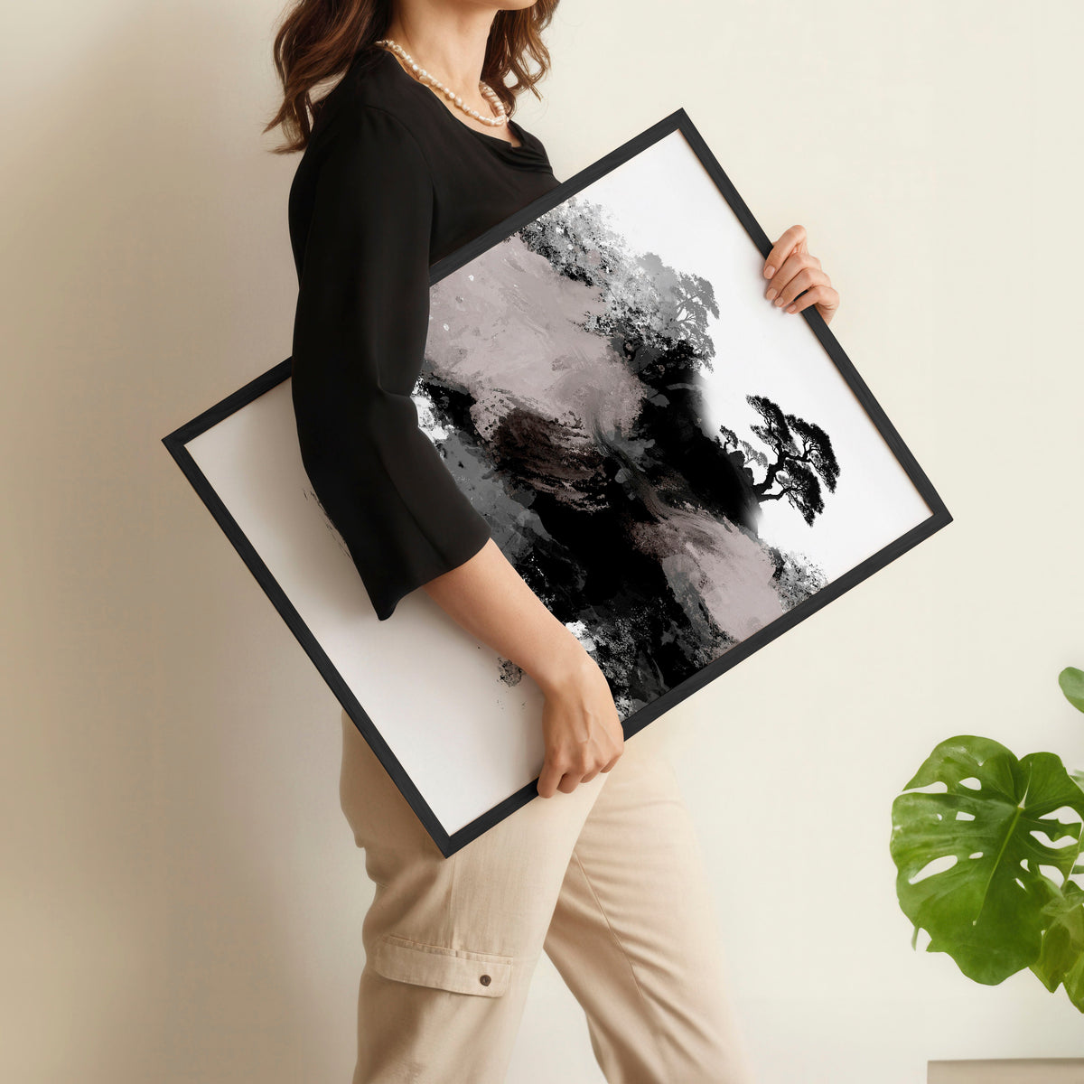 Landscape Print Japanese Ink Wash Art | Black White Maroon Moon & Pine Trees | Set of 3