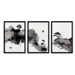 Landscape Print Japanese Ink Wash Art | Black White Maroon Moon & Pine Trees | Set of 3