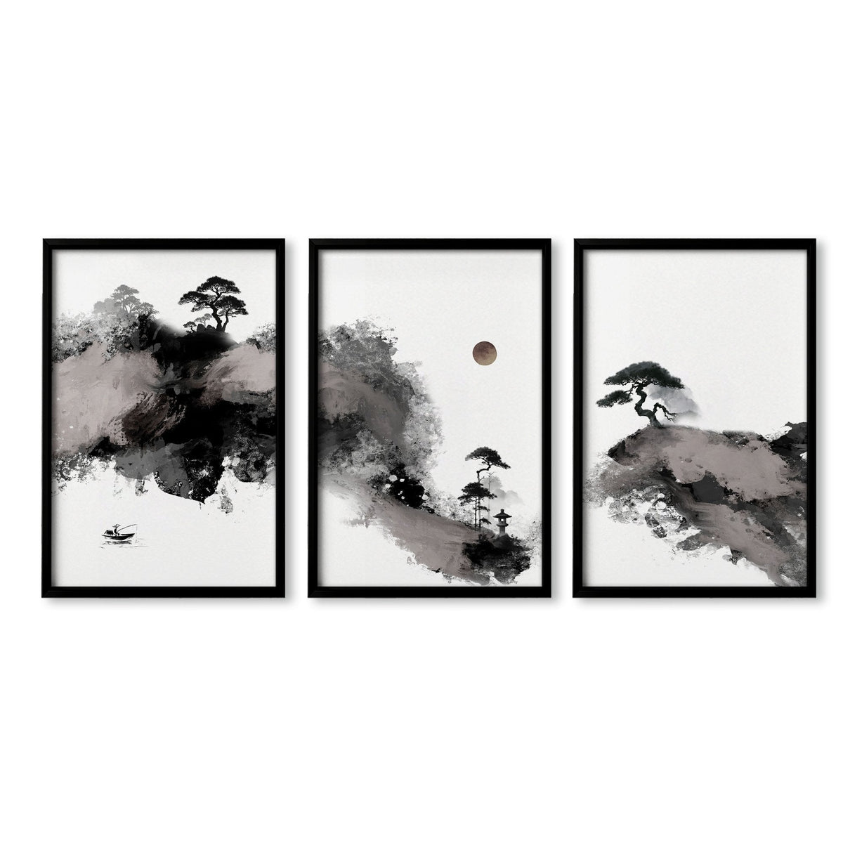Landscape Print Japanese Ink Wash Art | Black White Maroon Moon & Pine Trees | Set of 3