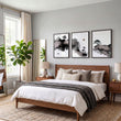 Landscape wall art Japanese Ink Wash Art | Black White Maroon Moon & Pine Trees displayed on a wall in a styled room