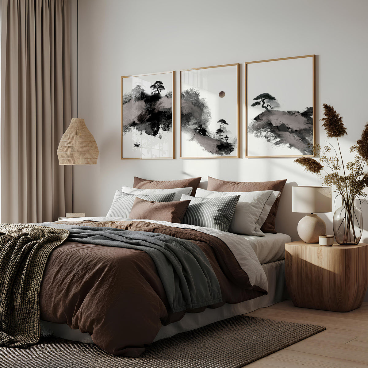 Landscape wall art Japanese Ink Wash Art | Black White Maroon Moon & Pine Trees displayed on a wall in a styled room — view 2