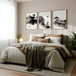 Landscape wall art Japanese Ink Wash Art | Black White Maroon Moon & Pine Trees displayed on a wall in a styled room — view 3
