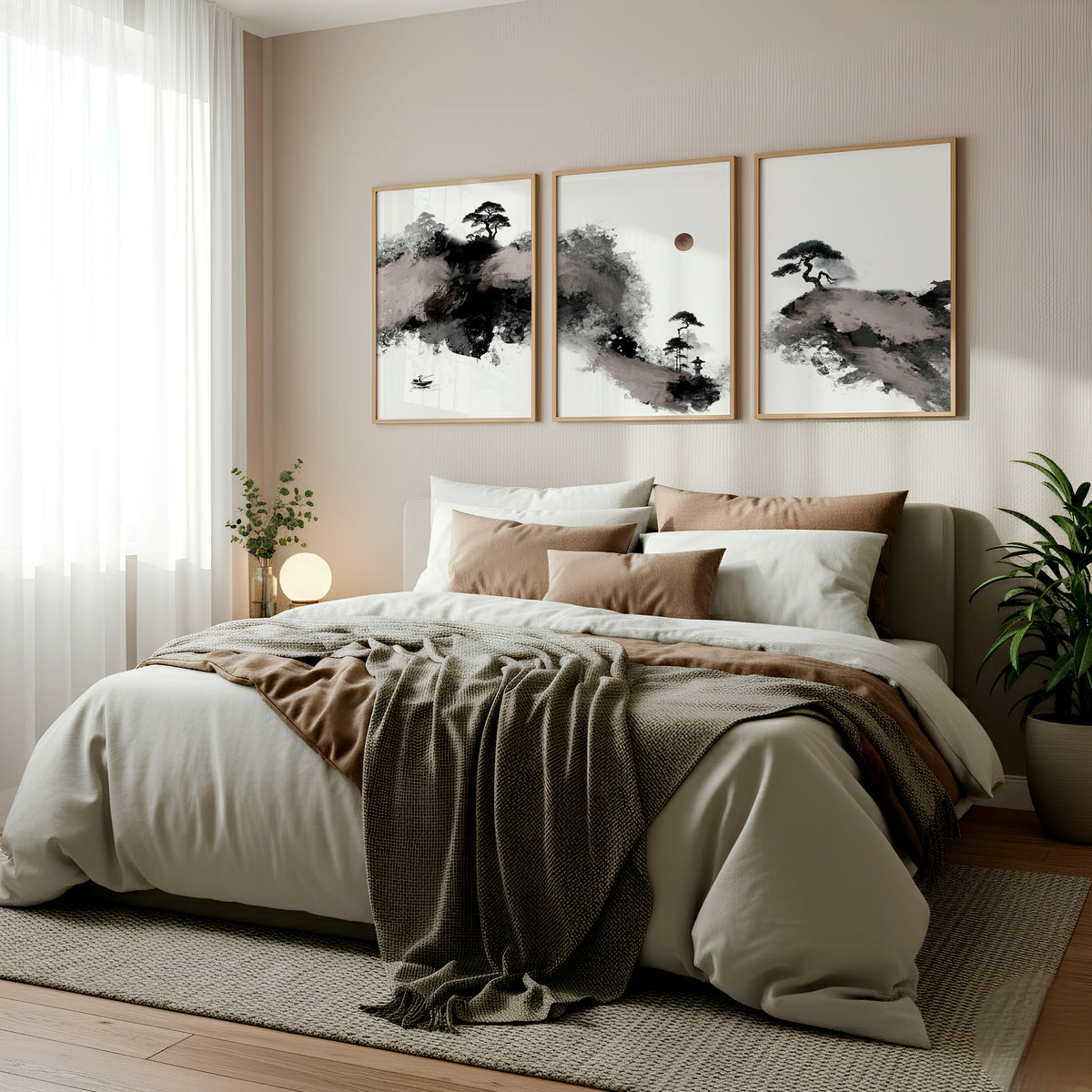 Landscape wall art Japanese Ink Wash Art | Black White Maroon Moon & Pine Trees displayed on a wall in a styled room — view 3