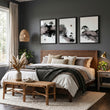 Landscape wall art Japanese Ink Wash Art | Black White Maroon Moon & Pine Trees displayed on a wall in a styled room — view 4