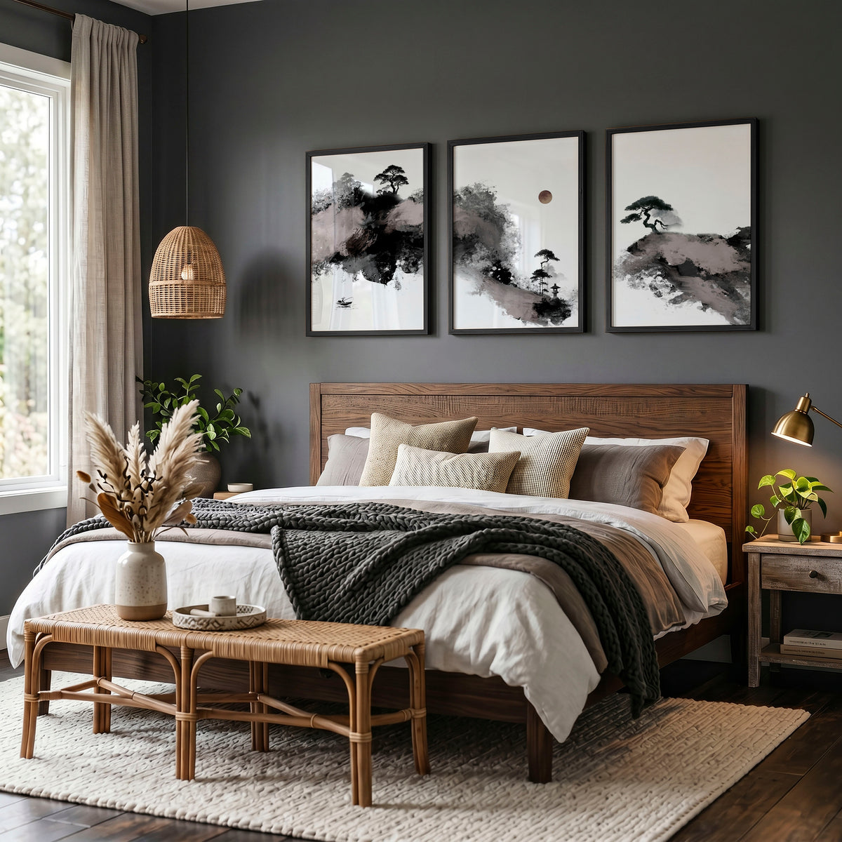 Landscape wall art Japanese Ink Wash Art | Black White Maroon Moon & Pine Trees displayed on a wall in a styled room — view 4