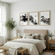 Landscape wall art Japanese Ink Wash Art | Black White Maroon Moon & Pine Trees displayed on a wall in a styled room — view 5