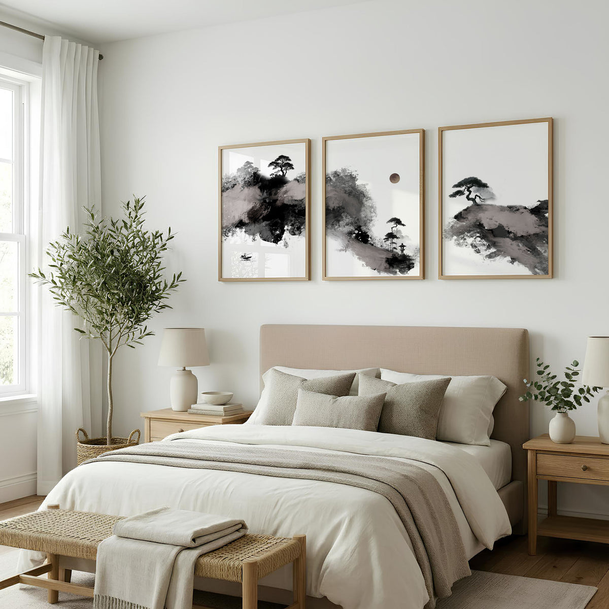 Landscape wall art Japanese Ink Wash Art | Black White Maroon Moon & Pine Trees displayed on a wall in a styled room — view 5