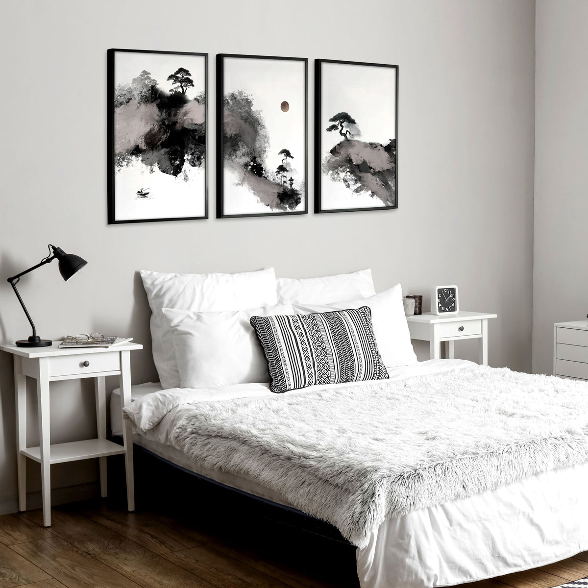 Landscape wall art Japanese Ink Wash Art | Black White Maroon Moon & Pine Trees displayed on a wall in a styled room — view 7