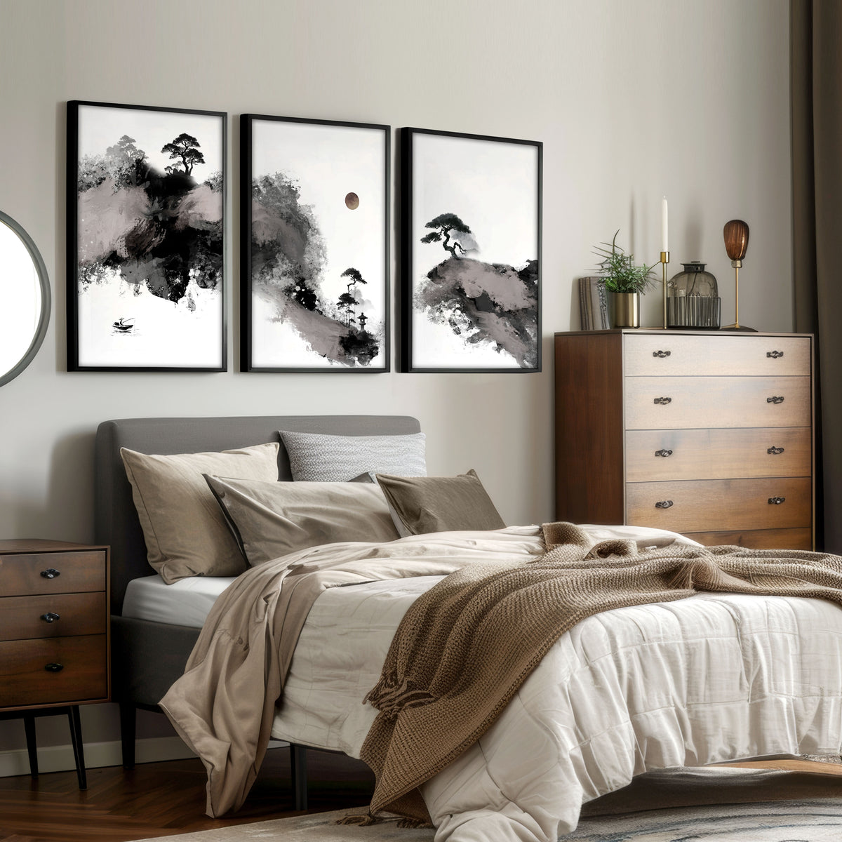 Landscape wall art Japanese Ink Wash Art | Black White Maroon Moon & Pine Trees displayed on a wall in a styled room — view 8