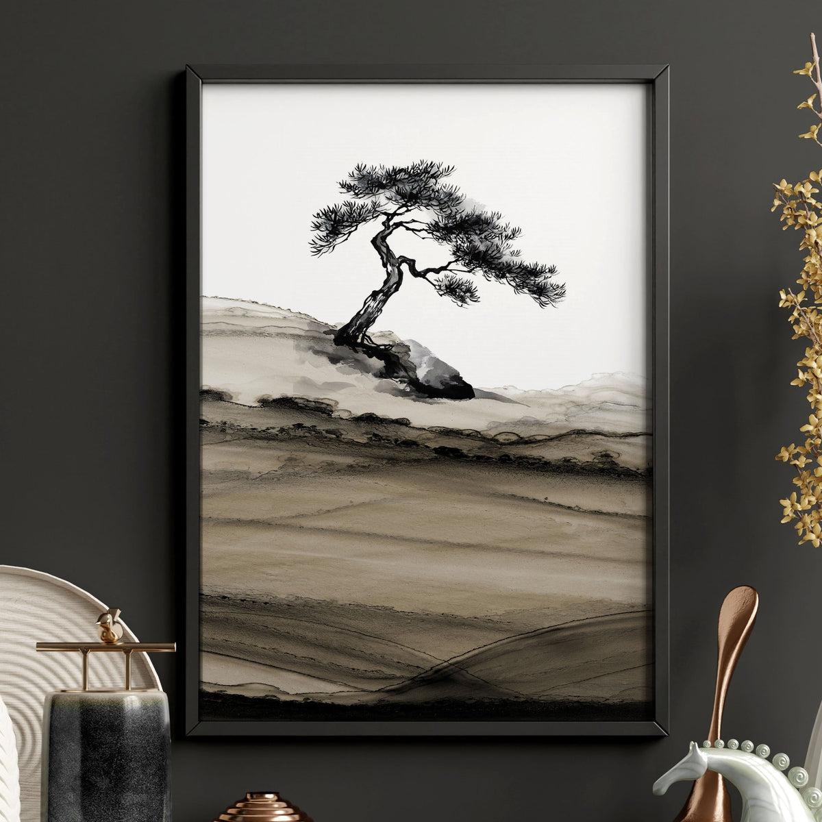 Landscape wall art Japanese Ink Bonsai Trees on Rolling Hills — piece 1 of 3 in the set