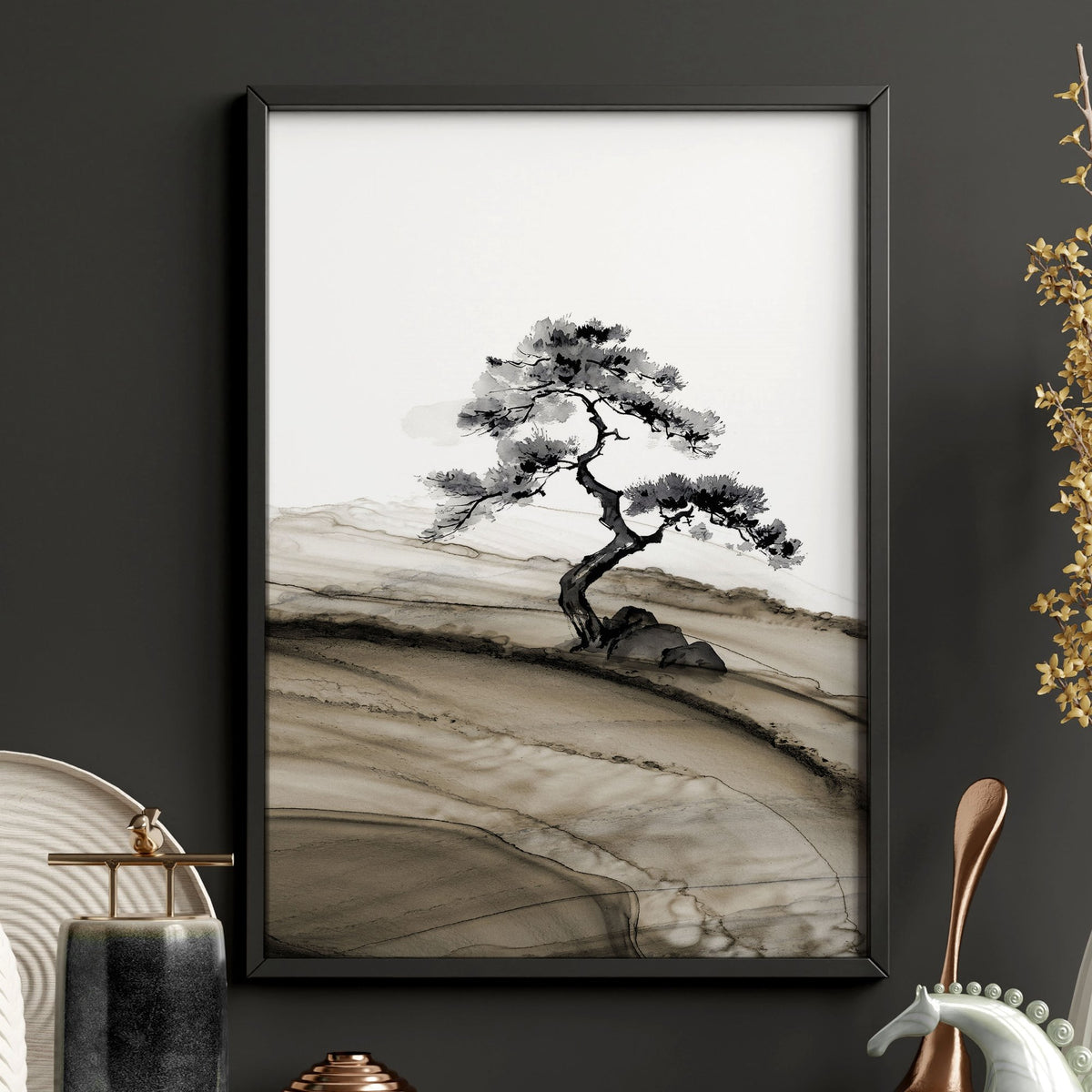 Landscape wall art Japanese Ink Bonsai Trees on Rolling Hills — piece 2 of 3 in the set