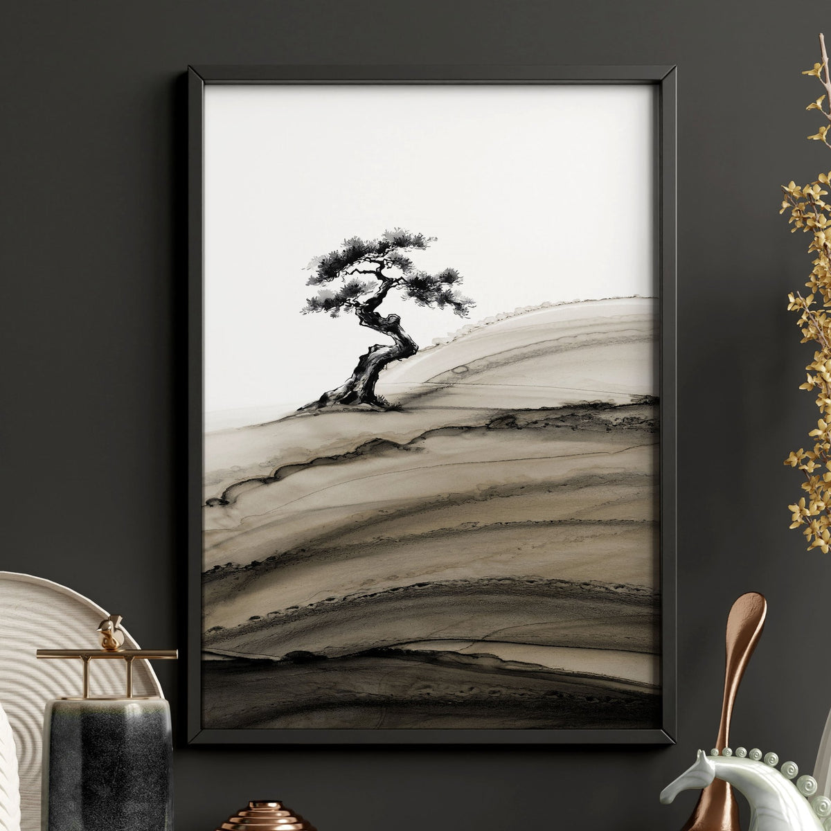 Landscape wall art Japanese Ink Bonsai Trees on Rolling Hills — piece 3 of 3 in the set