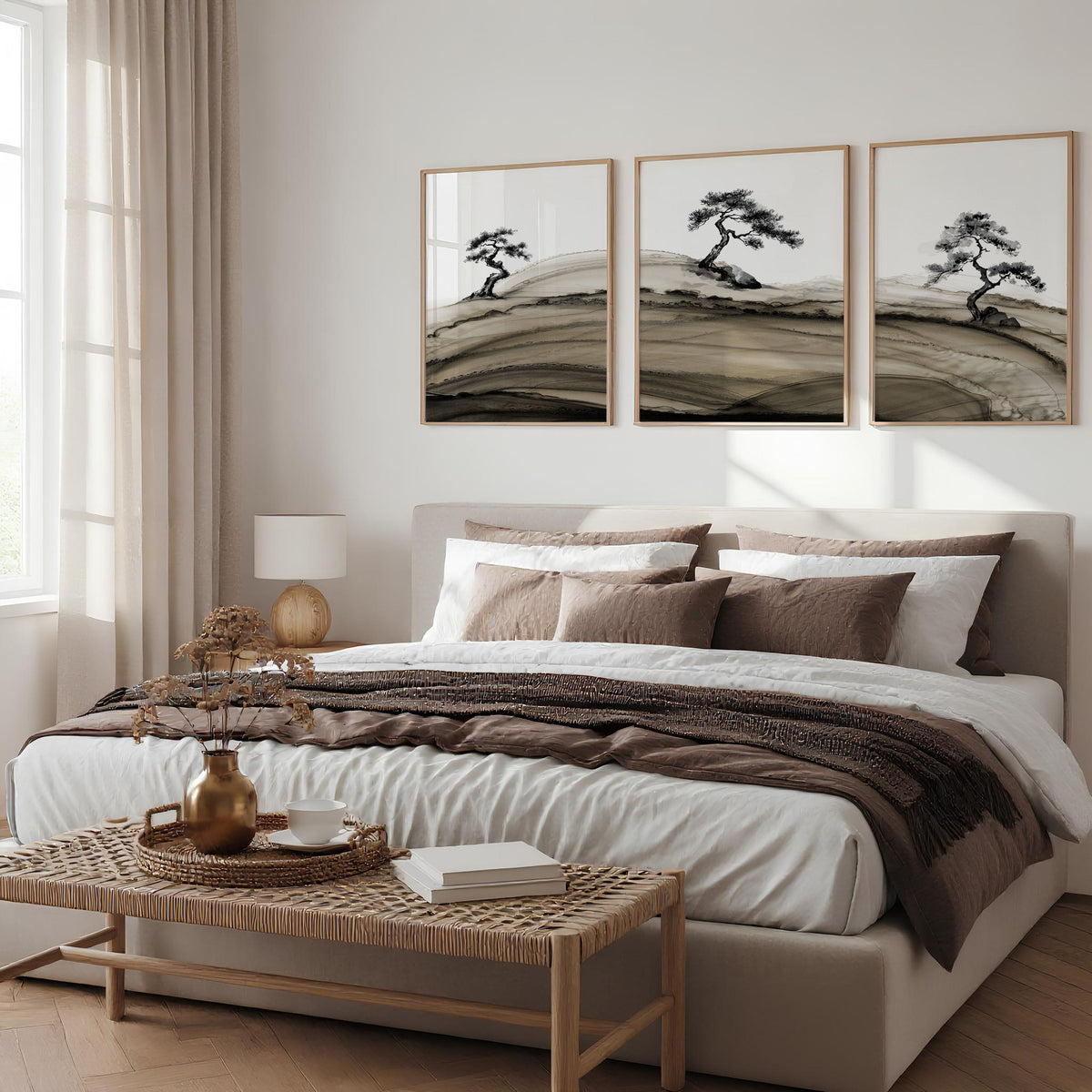 Landscape Prints Japanese Ink Bonsai Trees on Rolling Hills | Set of 3