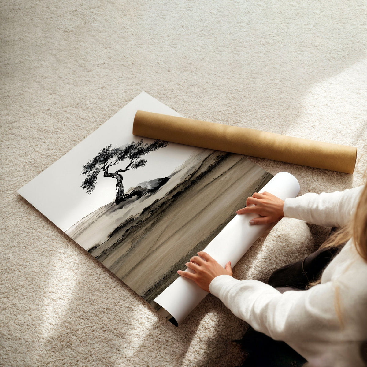 Landscape Prints Japanese Ink Bonsai Trees on Rolling Hills | Set of 3