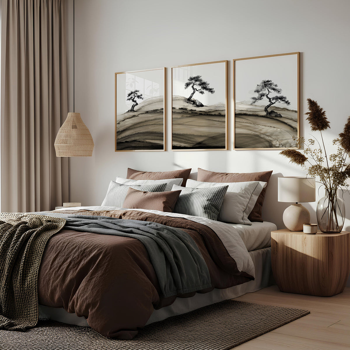 Landscape Prints Japanese Ink Bonsai Trees on Rolling Hills | Set of 3